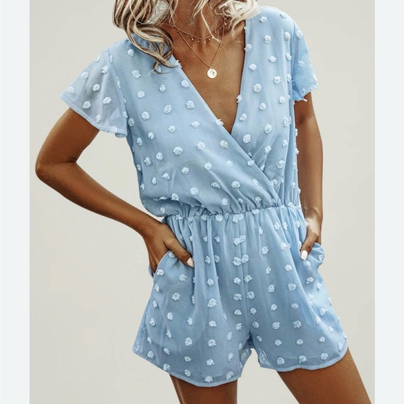 None Pants - Light Blue Swiss Dot Romper